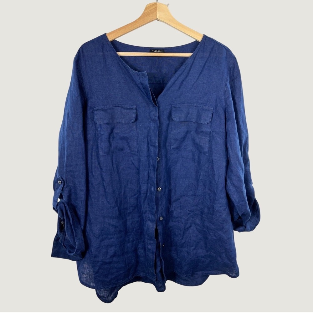 Talbots Blouse Women L Blue Linen Roll Tab Sleeve Button Down Casual Classic